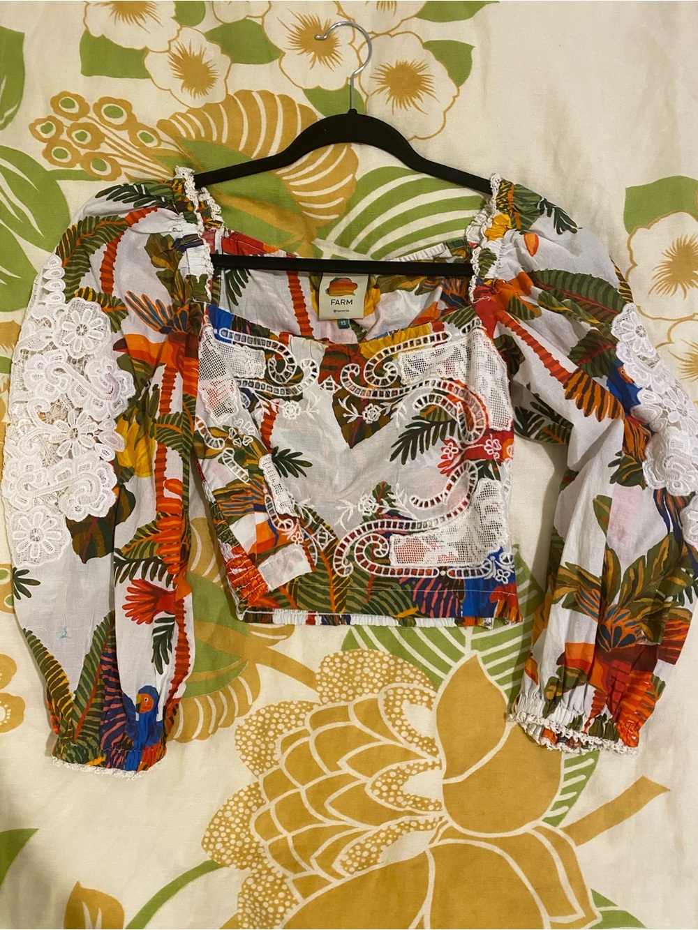 Farm Rio White Multicolor Embroidered Cropped Top